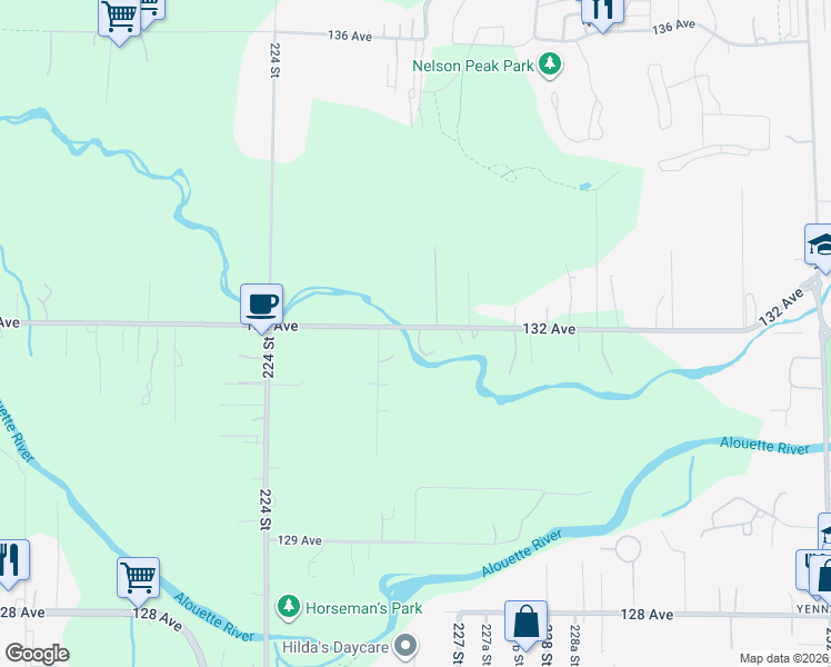 map of restaurants, bars, coffee shops, grocery stores, and more near 22592 132 Avenue in Maple Ridge