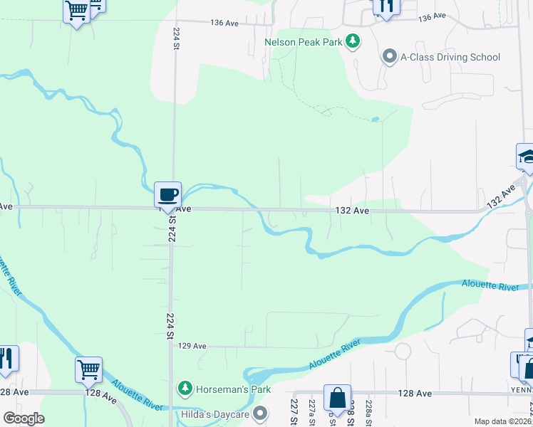 map of restaurants, bars, coffee shops, grocery stores, and more near 22615 132 Avenue in Maple Ridge