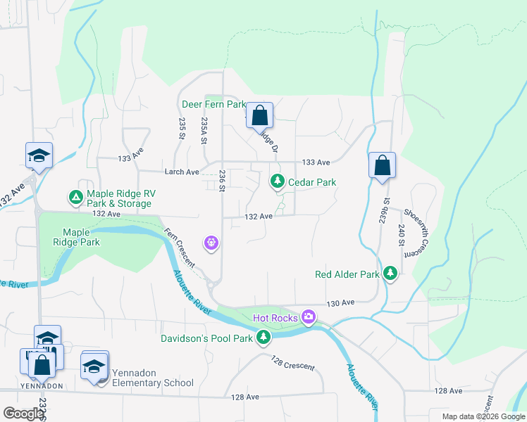 map of restaurants, bars, coffee shops, grocery stores, and more near 23663 132 Avenue in Maple Ridge