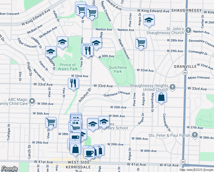 map of restaurants, bars, coffee shops, grocery stores, and more near West 33rd Avenue in Vancouver