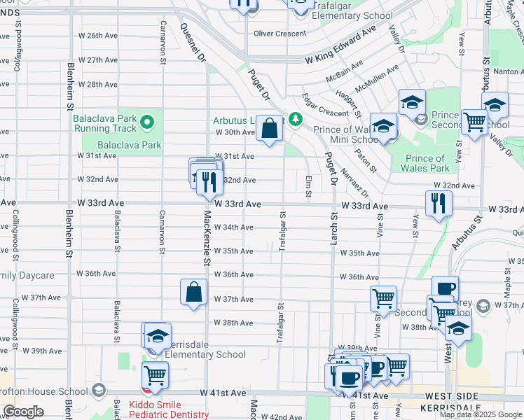 map of restaurants, bars, coffee shops, grocery stores, and more near 2756 West 33rd Avenue in Vancouver