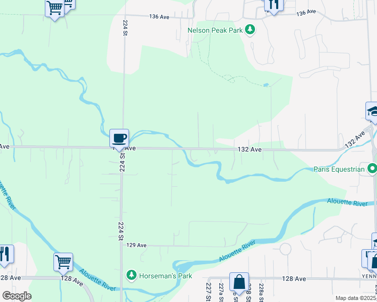 map of restaurants, bars, coffee shops, grocery stores, and more near 22592 132 Avenue in Maple Ridge