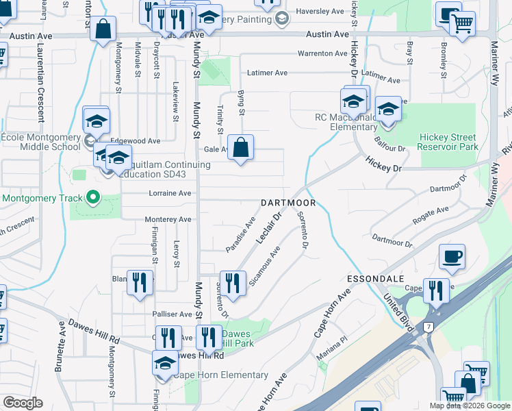 map of restaurants, bars, coffee shops, grocery stores, and more near 2259 Paradise Avenue in Coquitlam