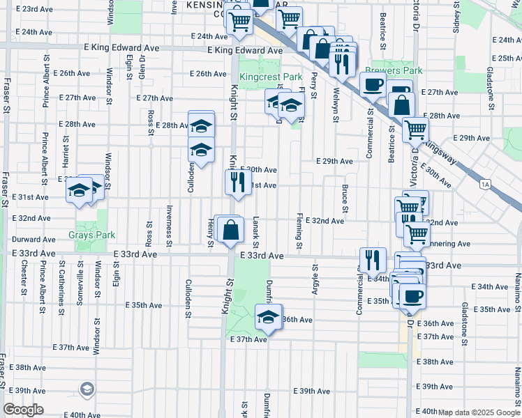 map of restaurants, bars, coffee shops, grocery stores, and more near 4770 Lanark Street in Vancouver