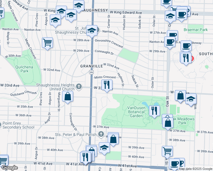 map of restaurants, bars, coffee shops, grocery stores, and more near 1407 West 33rd Avenue in Vancouver