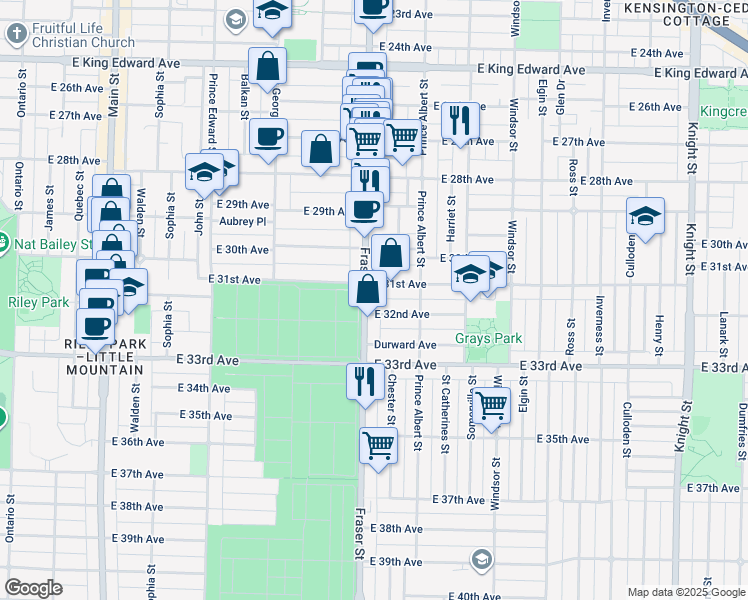 map of restaurants, bars, coffee shops, grocery stores, and more near 4756 Fraser Street in Vancouver