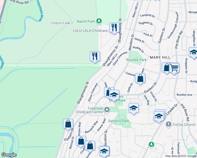 map of restaurants, bars, coffee shops, grocery stores, and more near 1507 Elinor Crescent in Port Coquitlam