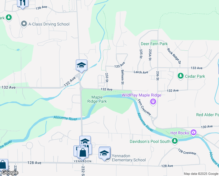 map of restaurants, bars, coffee shops, grocery stores, and more near 23351 Fern Crescent in Maple Ridge