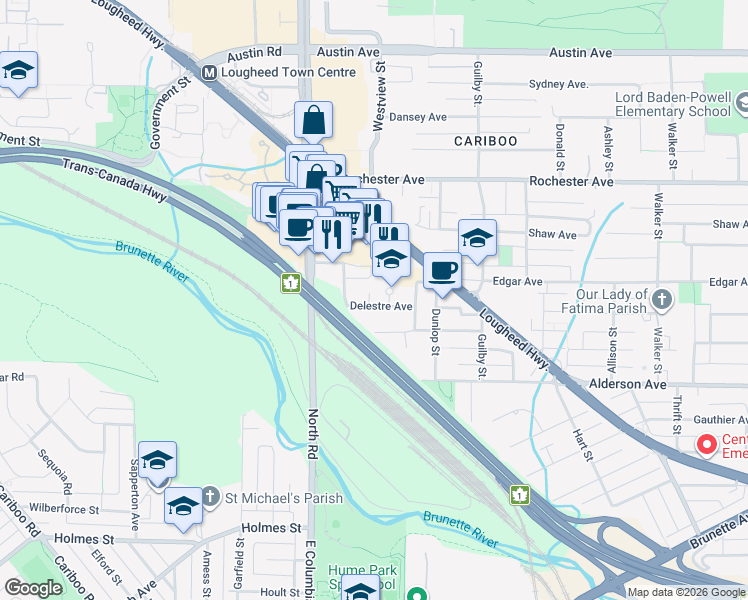 map of restaurants, bars, coffee shops, grocery stores, and more near 526 Delestre Avenue in Coquitlam
