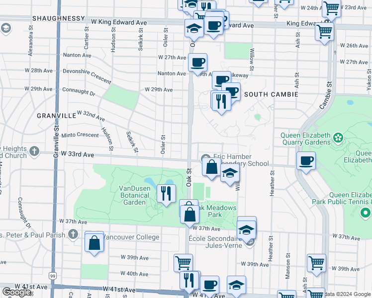 map of restaurants, bars, coffee shops, grocery stores, and more near in Vancouver