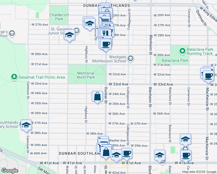 map of restaurants, bars, coffee shops, grocery stores, and more near in Vancouver