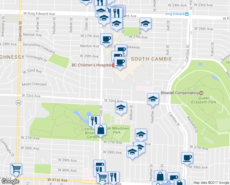 map of restaurants, bars, coffee shops, grocery stores, and more near 938 West 32nd Avenue in Vancouver