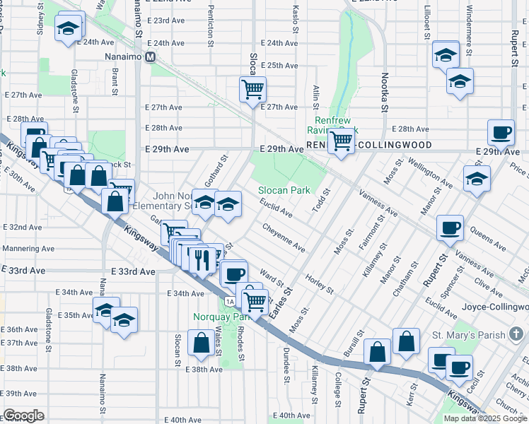 map of restaurants, bars, coffee shops, grocery stores, and more near 4732 Duchess Street in Vancouver