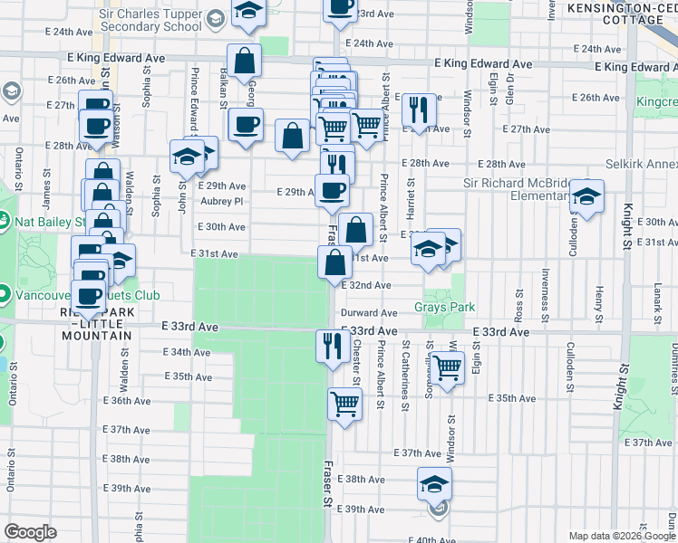 map of restaurants, bars, coffee shops, grocery stores, and more near 4756 Fraser Street in Vancouver