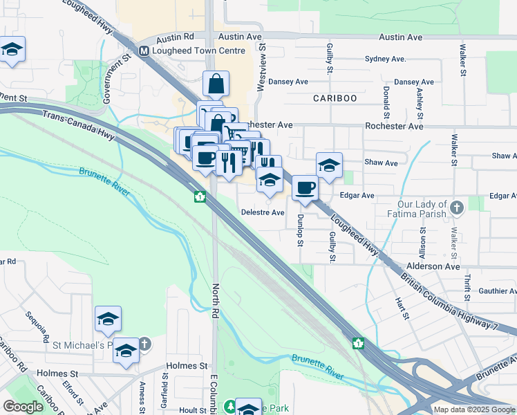 map of restaurants, bars, coffee shops, grocery stores, and more near 311 Alderson Avenue in Coquitlam