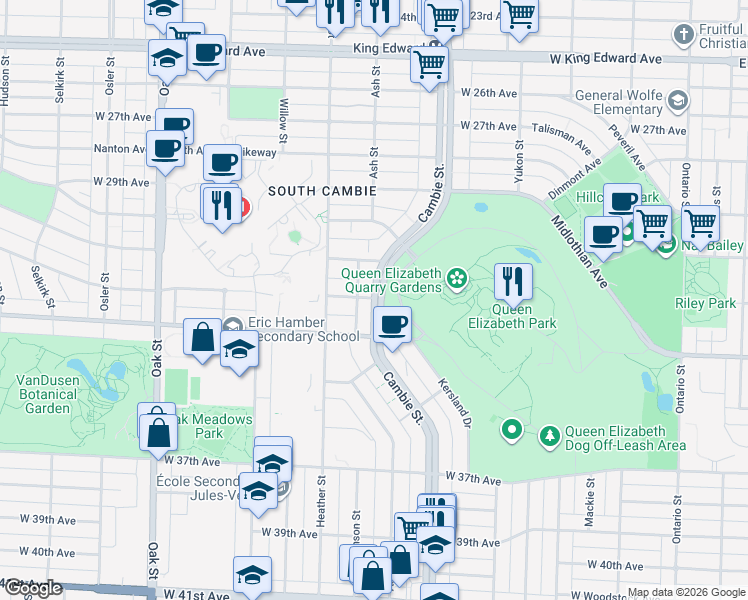 map of restaurants, bars, coffee shops, grocery stores, and more near 4837 Cambie Street in Vancouver