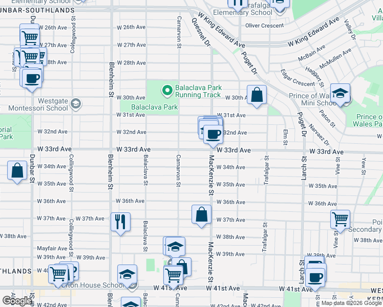 map of restaurants, bars, coffee shops, grocery stores, and more near 2966 West 33rd Avenue in Vancouver