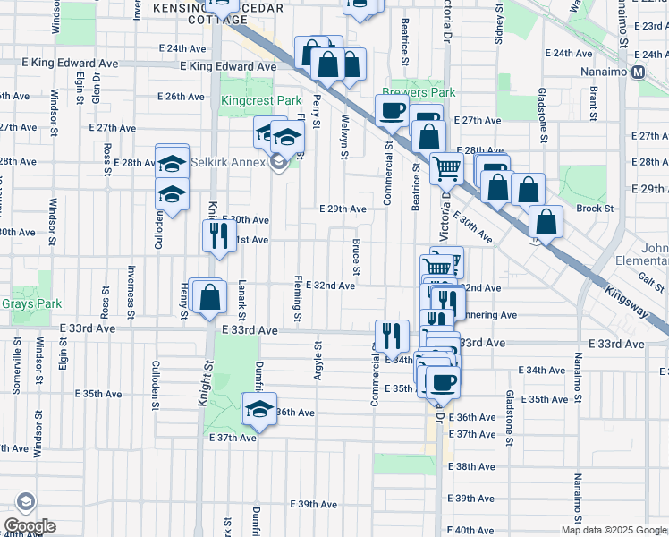map of restaurants, bars, coffee shops, grocery stores, and more near 4758 Argyle Street in Vancouver