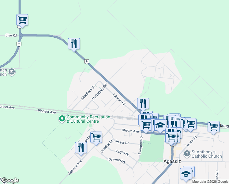map of restaurants, bars, coffee shops, grocery stores, and more near 6882 Inkman Road in Agassiz