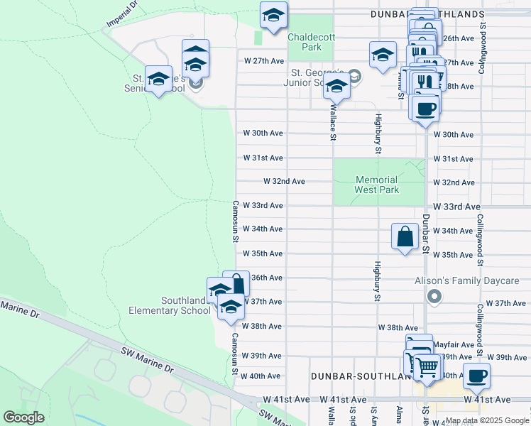 map of restaurants, bars, coffee shops, grocery stores, and more near 4038 West 33rd Avenue in Vancouver