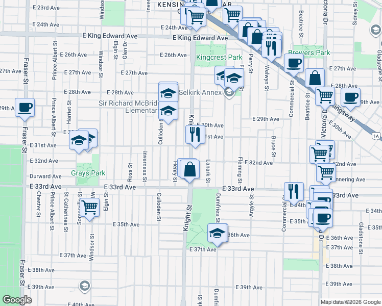 map of restaurants, bars, coffee shops, grocery stores, and more near 4774 Knight Street in Vancouver