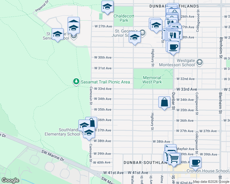 map of restaurants, bars, coffee shops, grocery stores, and more near 3994 West 33rd Avenue in Vancouver