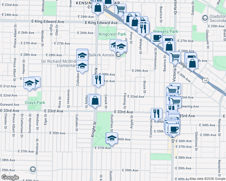 map of restaurants, bars, coffee shops, grocery stores, and more near 4761 Dumfries Street in Vancouver