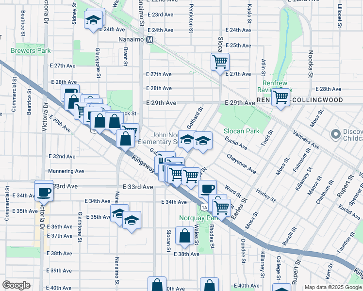 map of restaurants, bars, coffee shops, grocery stores, and more near 4726 Gothard Street in Vancouver