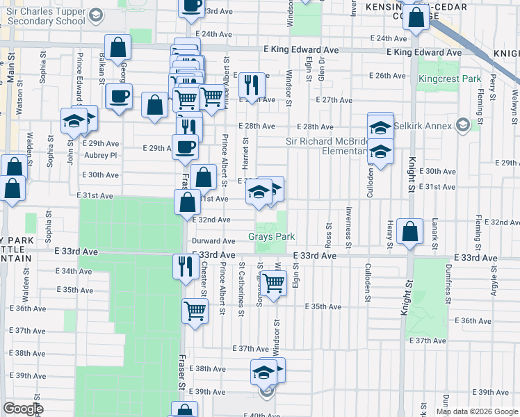 map of restaurants, bars, coffee shops, grocery stores, and more near 4742 Saint Catherines Street in Vancouver