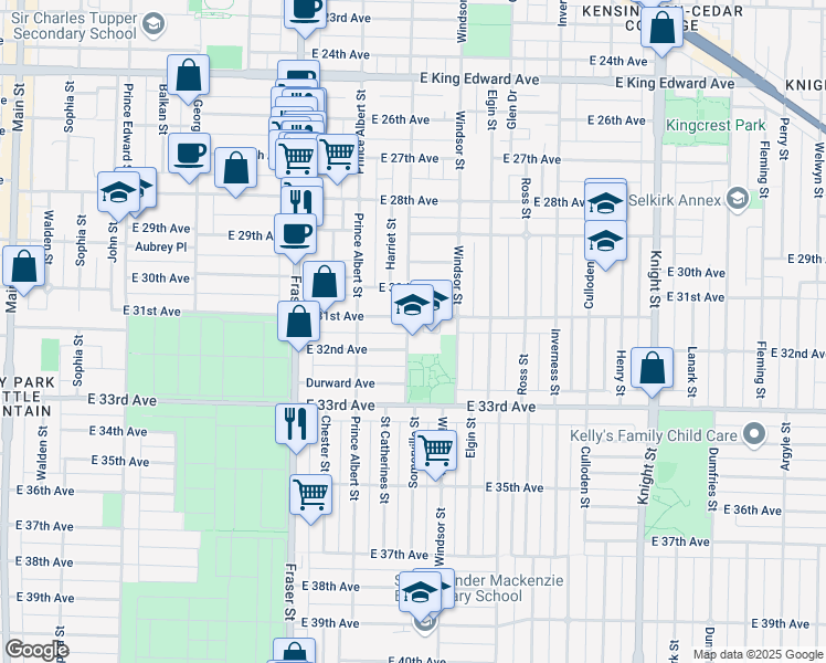 map of restaurants, bars, coffee shops, grocery stores, and more near 4742 Saint Catherines Street in Vancouver