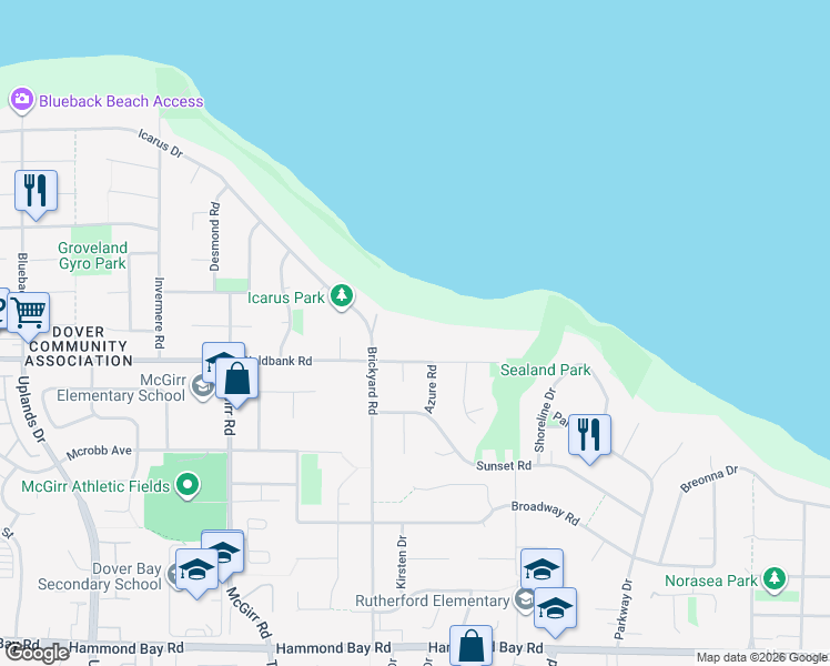 map of restaurants, bars, coffee shops, grocery stores, and more near 5936 Waldbank Road in Nanaimo