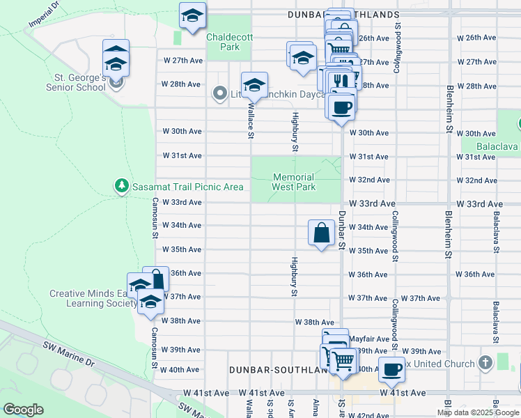 map of restaurants, bars, coffee shops, grocery stores, and more near 3878 West 33rd Avenue in Vancouver