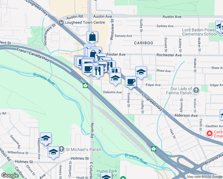 map of restaurants, bars, coffee shops, grocery stores, and more near in Coquitlam