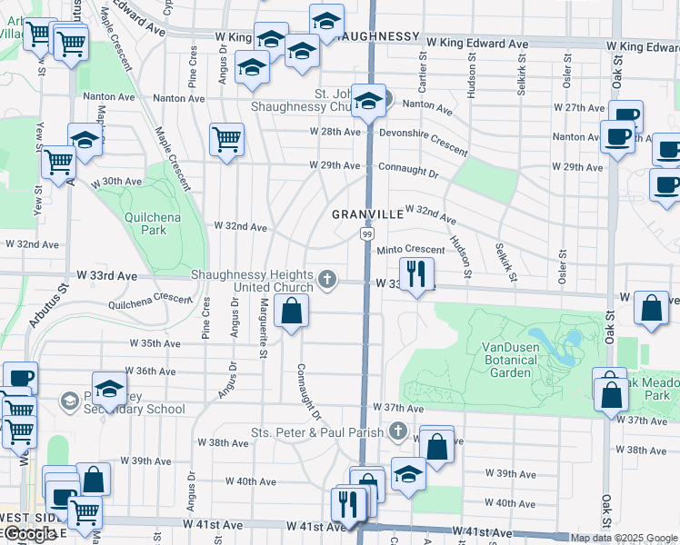 map of restaurants, bars, coffee shops, grocery stores, and more near 1519 West 33rd Avenue in Vancouver