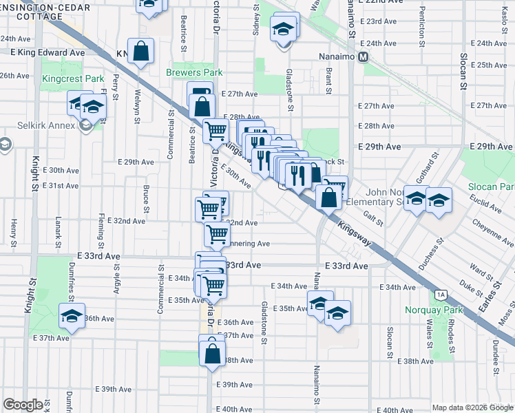 map of restaurants, bars, coffee shops, grocery stores, and more near 4754 Gladstone Street in Vancouver