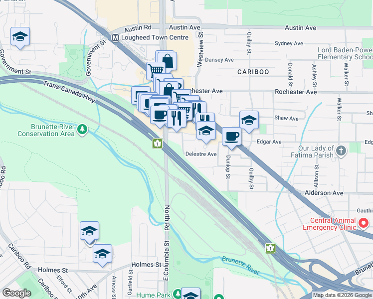 map of restaurants, bars, coffee shops, grocery stores, and more near 311 Alderson Avenue in Coquitlam