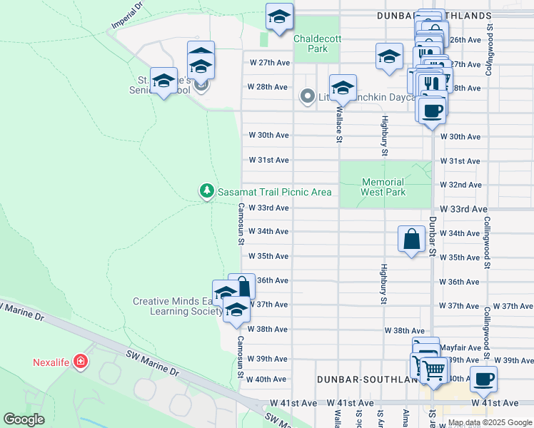 map of restaurants, bars, coffee shops, grocery stores, and more near 4050 West 33rd Avenue in Vancouver