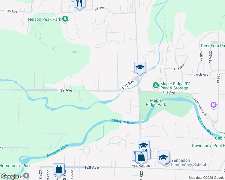map of restaurants, bars, coffee shops, grocery stores, and more near 23055 132 Avenue in Maple Ridge