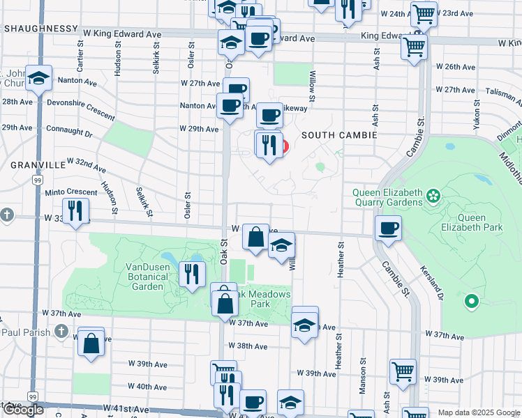 map of restaurants, bars, coffee shops, grocery stores, and more near 918 West 32nd Avenue in Vancouver