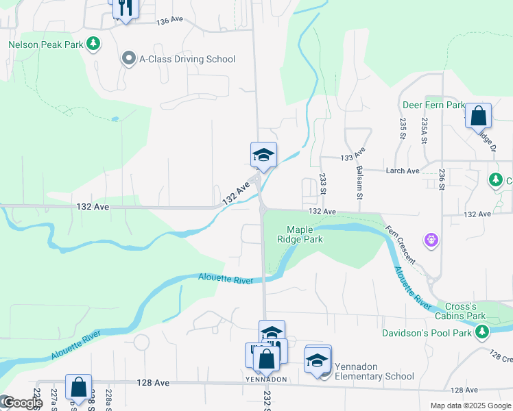 map of restaurants, bars, coffee shops, grocery stores, and more near 13209 232 Street in Maple Ridge