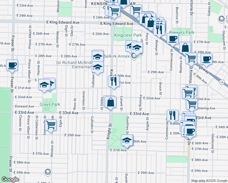 map of restaurants, bars, coffee shops, grocery stores, and more near 4766 Knight Street in Vancouver