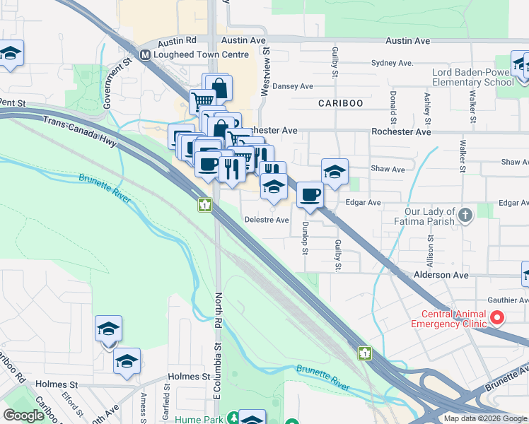 map of restaurants, bars, coffee shops, grocery stores, and more near 555 Delestre Avenue in Coquitlam