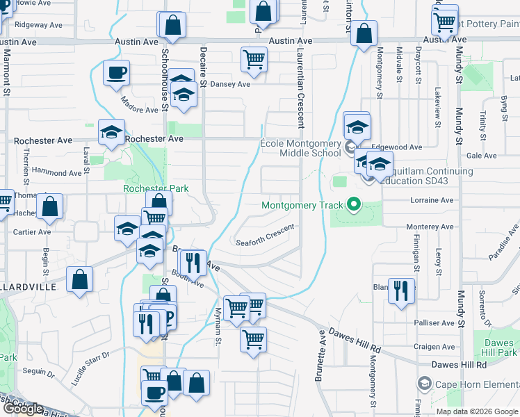 map of restaurants, bars, coffee shops, grocery stores, and more near 360 Seaforth Crescent in Coquitlam