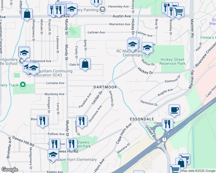 map of restaurants, bars, coffee shops, grocery stores, and more near 2288 Leclair Drive in Coquitlam
