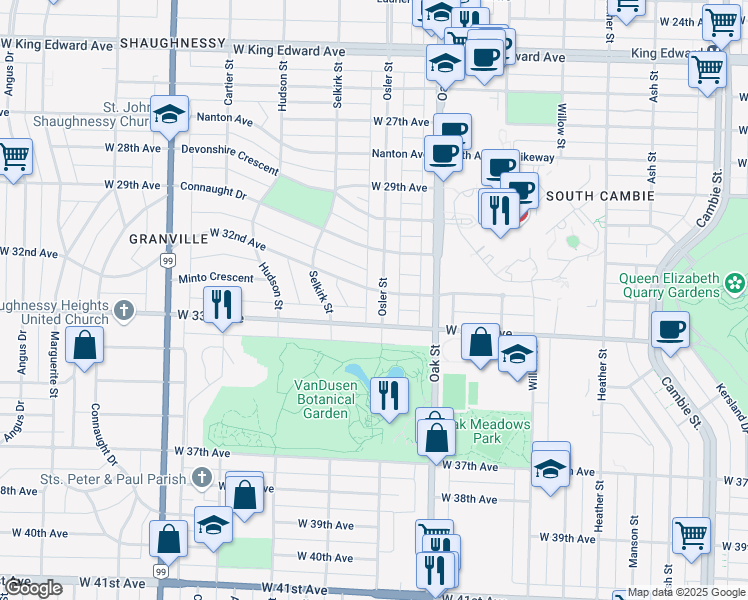 map of restaurants, bars, coffee shops, grocery stores, and more near 4821 Osler Street in Vancouver