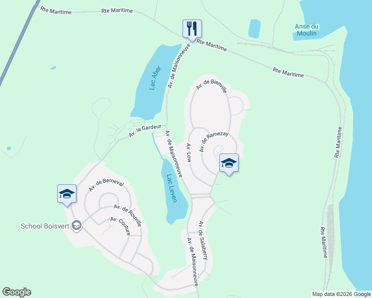 map of restaurants, bars, coffee shops, grocery stores, and more near 33 Avenue Low in Baie-Comeau