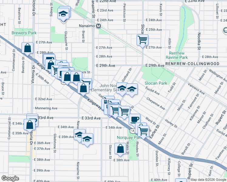 map of restaurants, bars, coffee shops, grocery stores, and more near 4737 Gothard Street in Vancouver