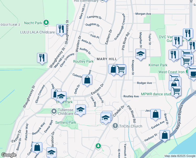 map of restaurants, bars, coffee shops, grocery stores, and more near 2107 Carmen Place in Port Coquitlam