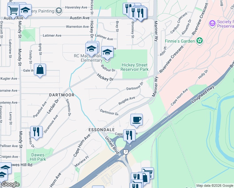 map of restaurants, bars, coffee shops, grocery stores, and more near Dartmoor Drive in Coquitlam