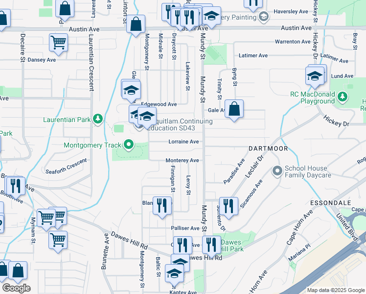 map of restaurants, bars, coffee shops, grocery stores, and more near 2126 Lorraine Avenue in Coquitlam